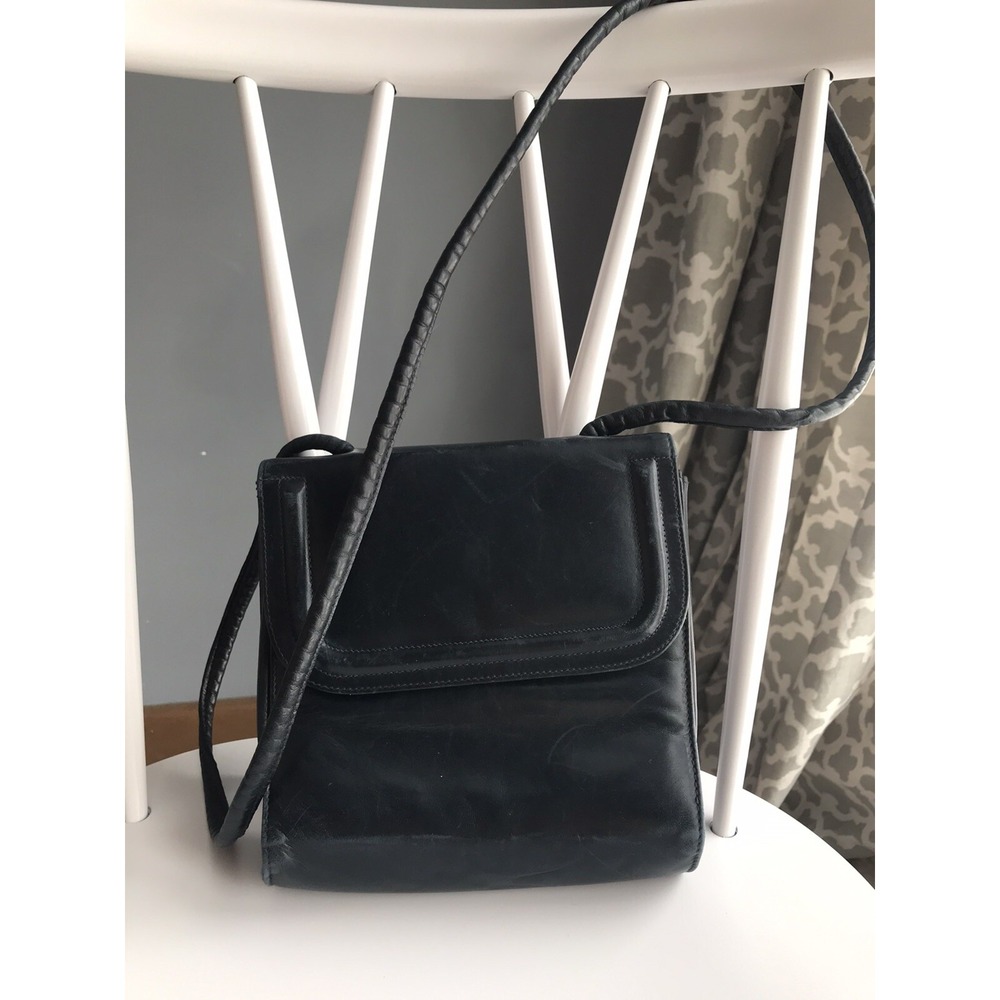 Zenith Vintage Black Leather Studio Flap Purse Shoulder Bag Crossbody